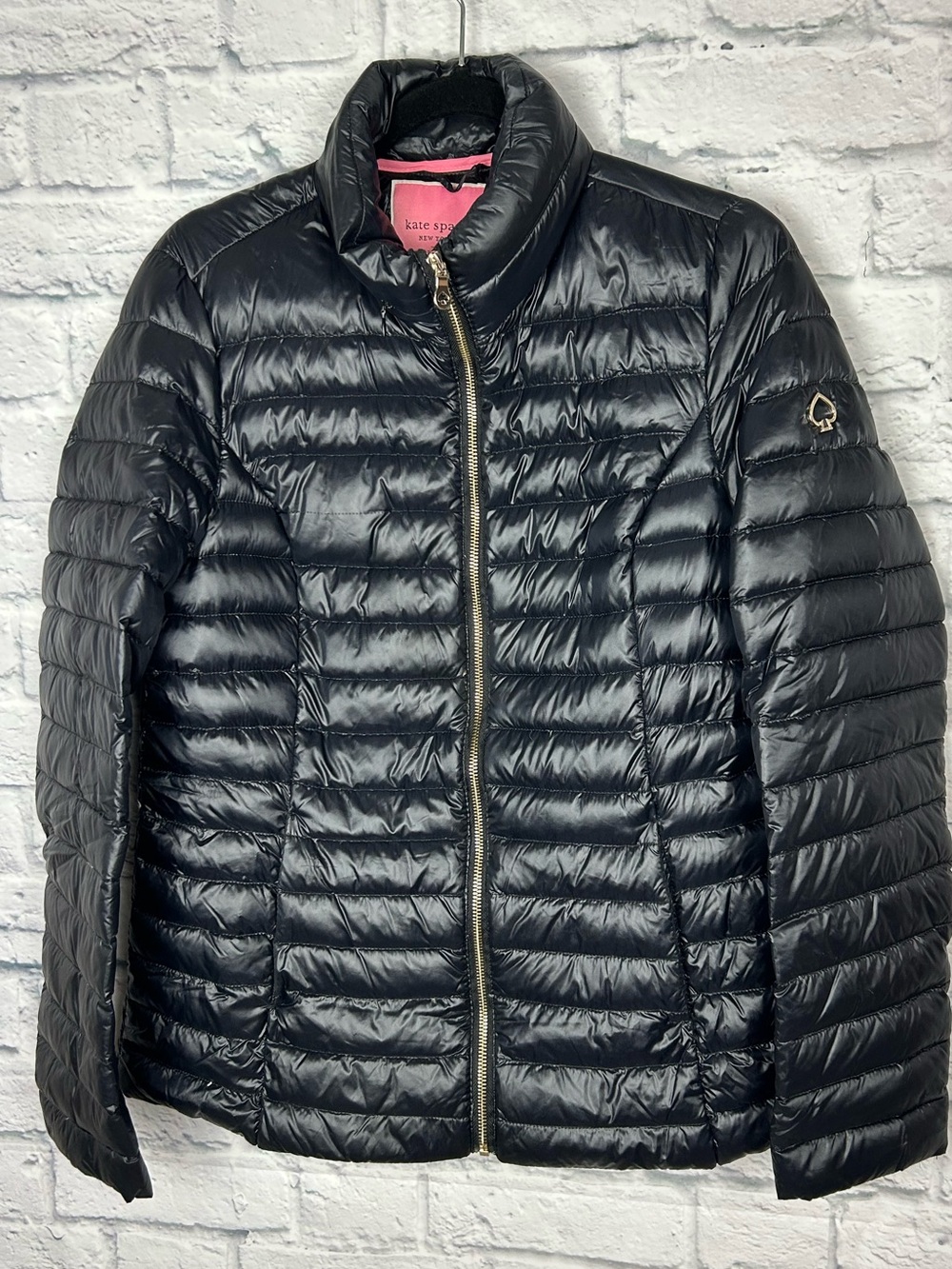 Kate Spade New York Black Down Puffer Jacket M Packable Hood Gold Spade